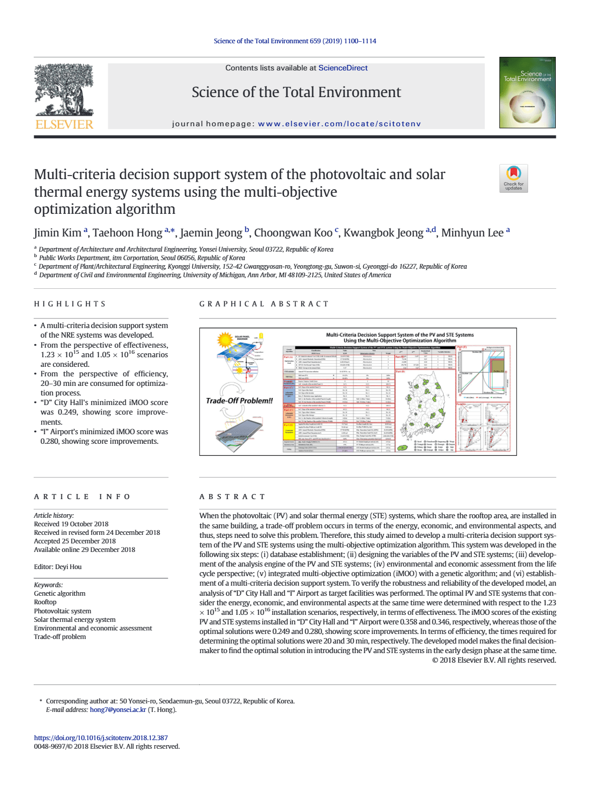 Multi-criteria decision support system of the photovoltaic and solar thermal energy systems using the multi-objective optimization algorithm