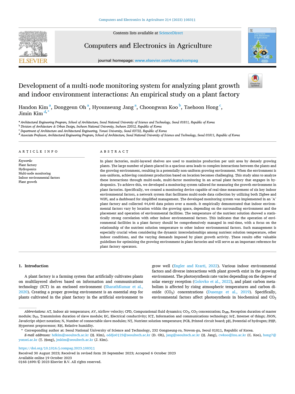 Development of a multi-node monitoring system for analyzing plant growth and indoor environment interactions: an empirical study on a plant factory