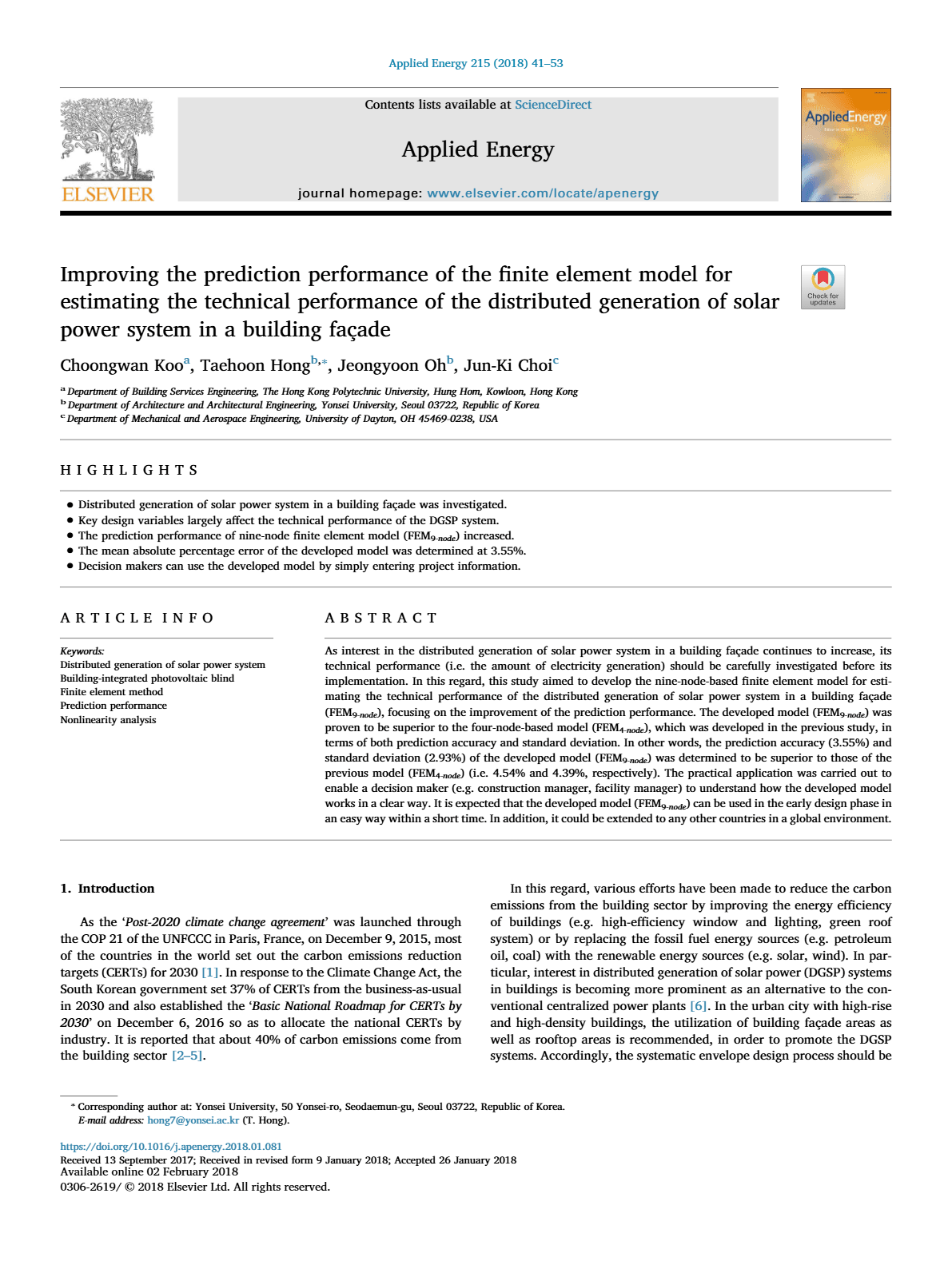 Improving the prediction performance of the finite element model for estimating the technical performance of the distributed generation of solar power system in a building façade