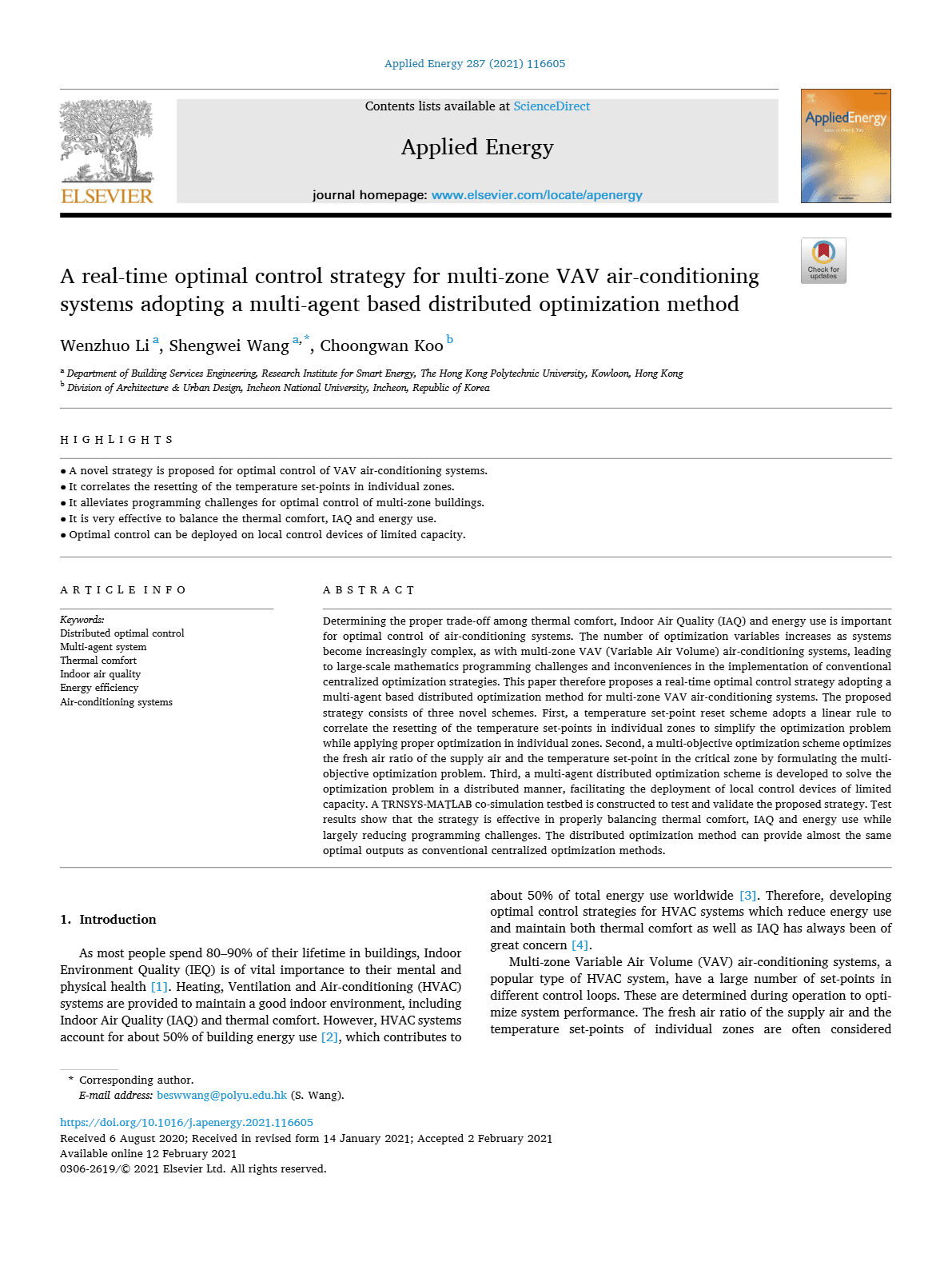 A real-time optimal control strategy for multi-zone VAV air-conditioning systems adopting a multi-agent based distributed optimization method
