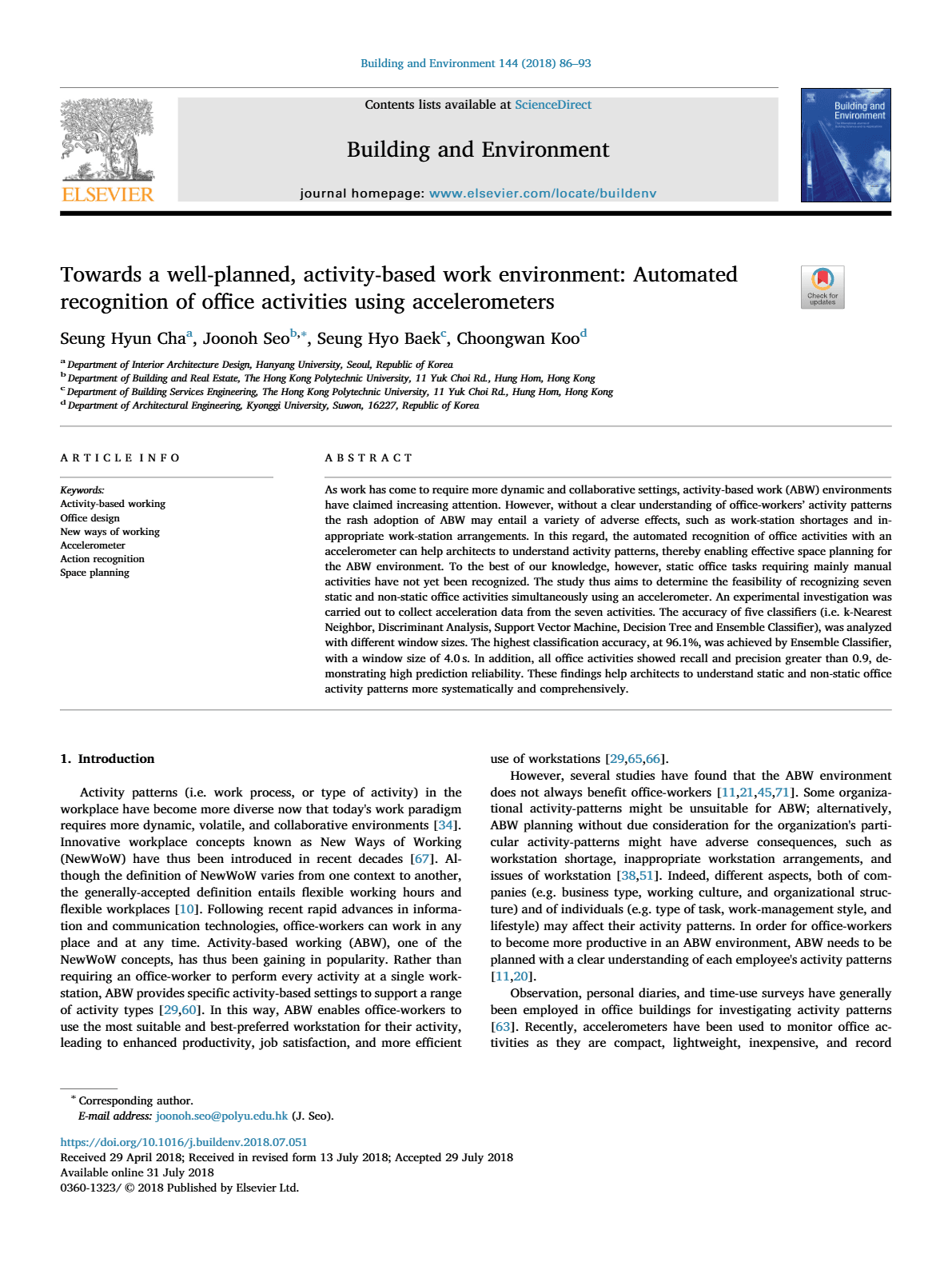 Towards a well-planned, activity-based work environment: Automated recognition of office activities using accelerometers