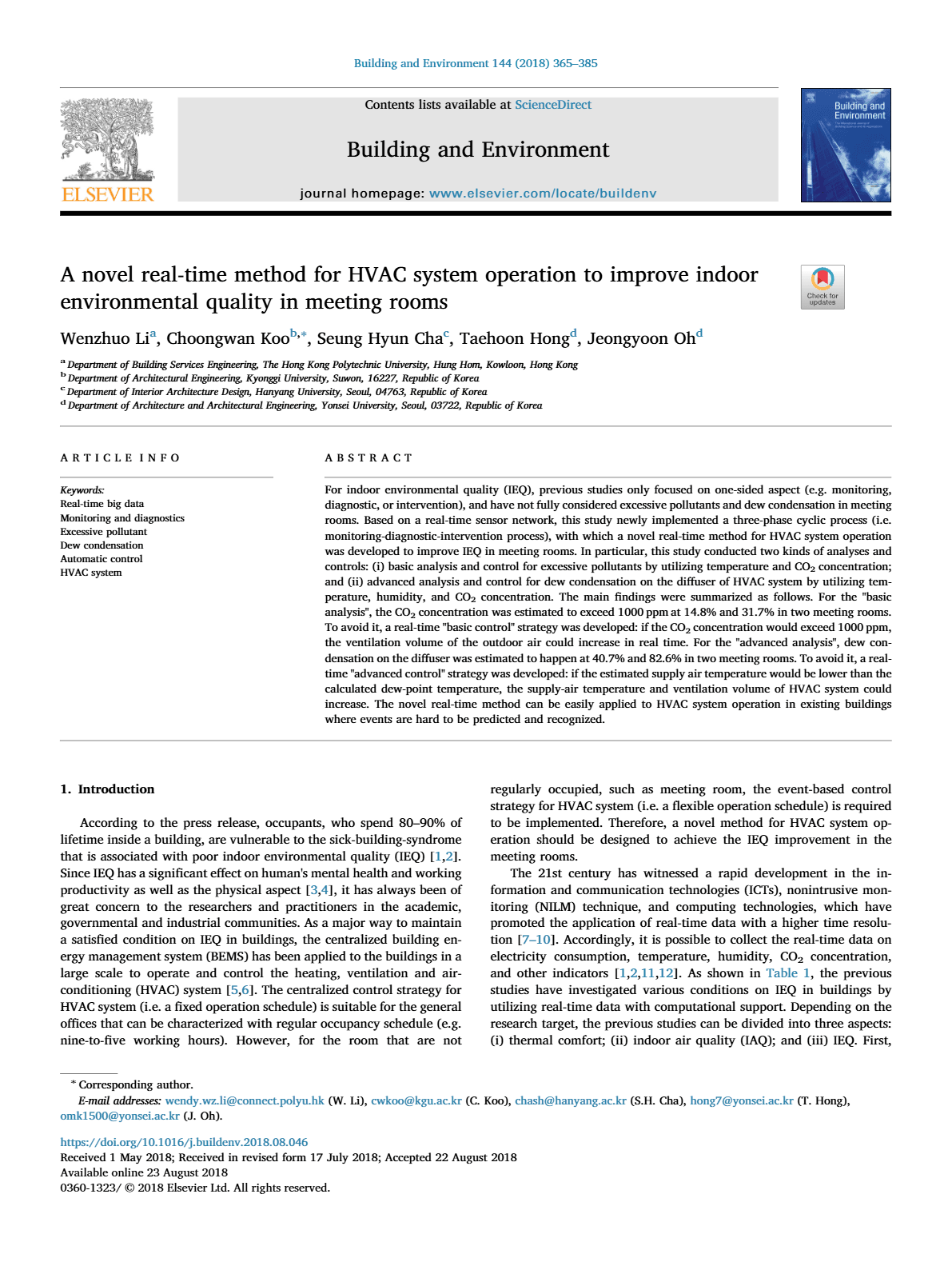 A novel real-time method for HVAC system operation to improve indoor environmental quality in meeting rooms