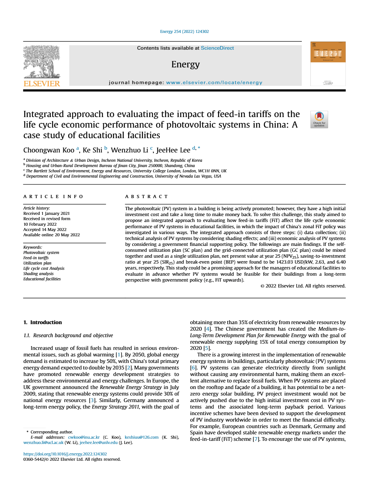 Integrated approach to evaluating the impact of feed-in tariffs on the life cycle economic performance of photovoltaic systems in China: A case study of educational facilities