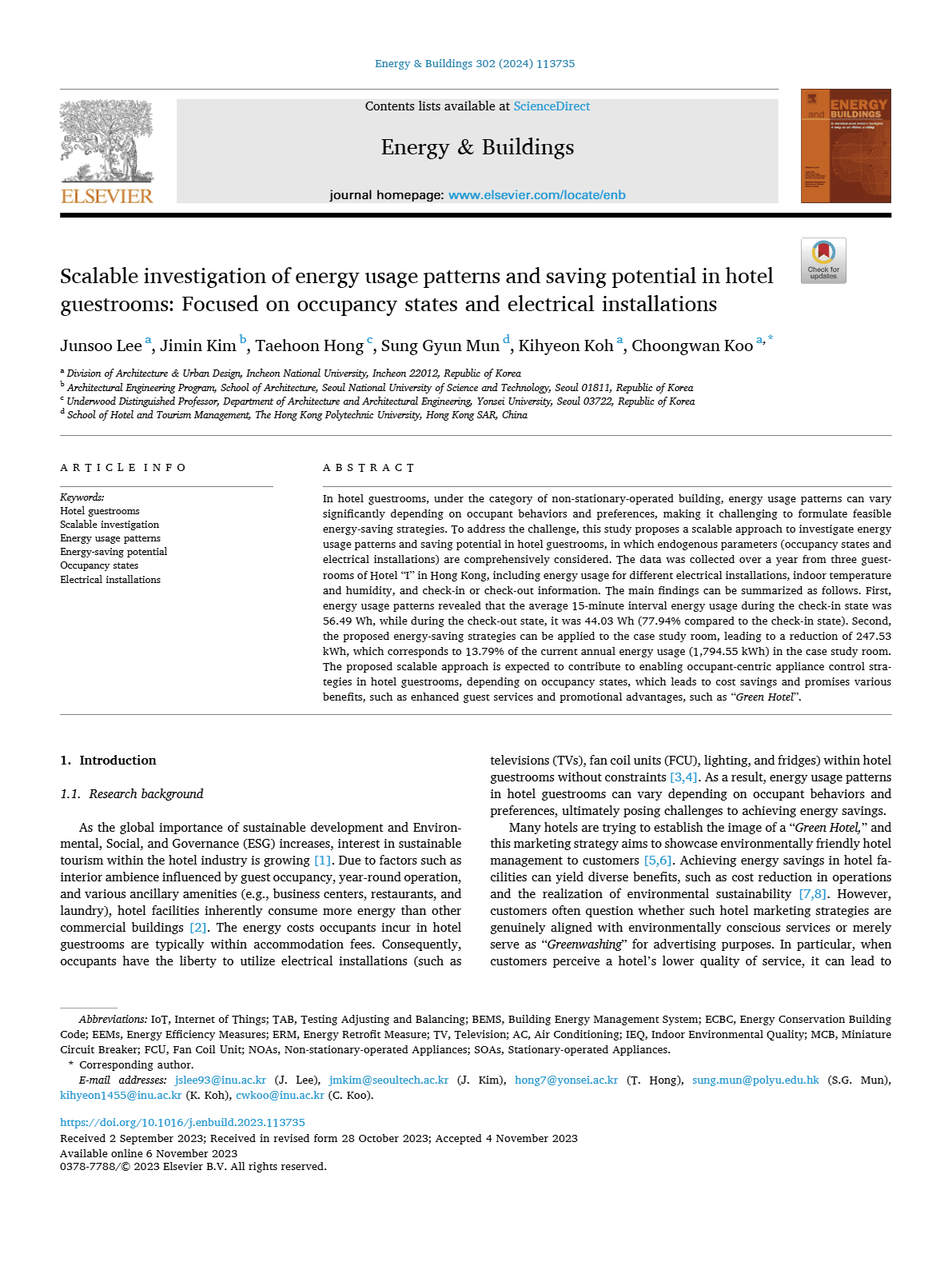 Scalable investigation of energy usage patterns and saving potential in hotel guestrooms: Focused on occupancy status and electrical installation as endogenous parameters
