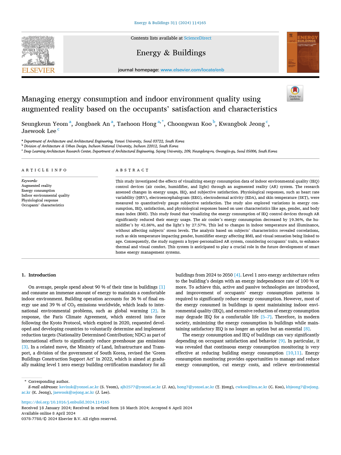 Managing energy consumption and indoor environment quality using Augmented reality based on the occupants’ satisfaction and characteristics