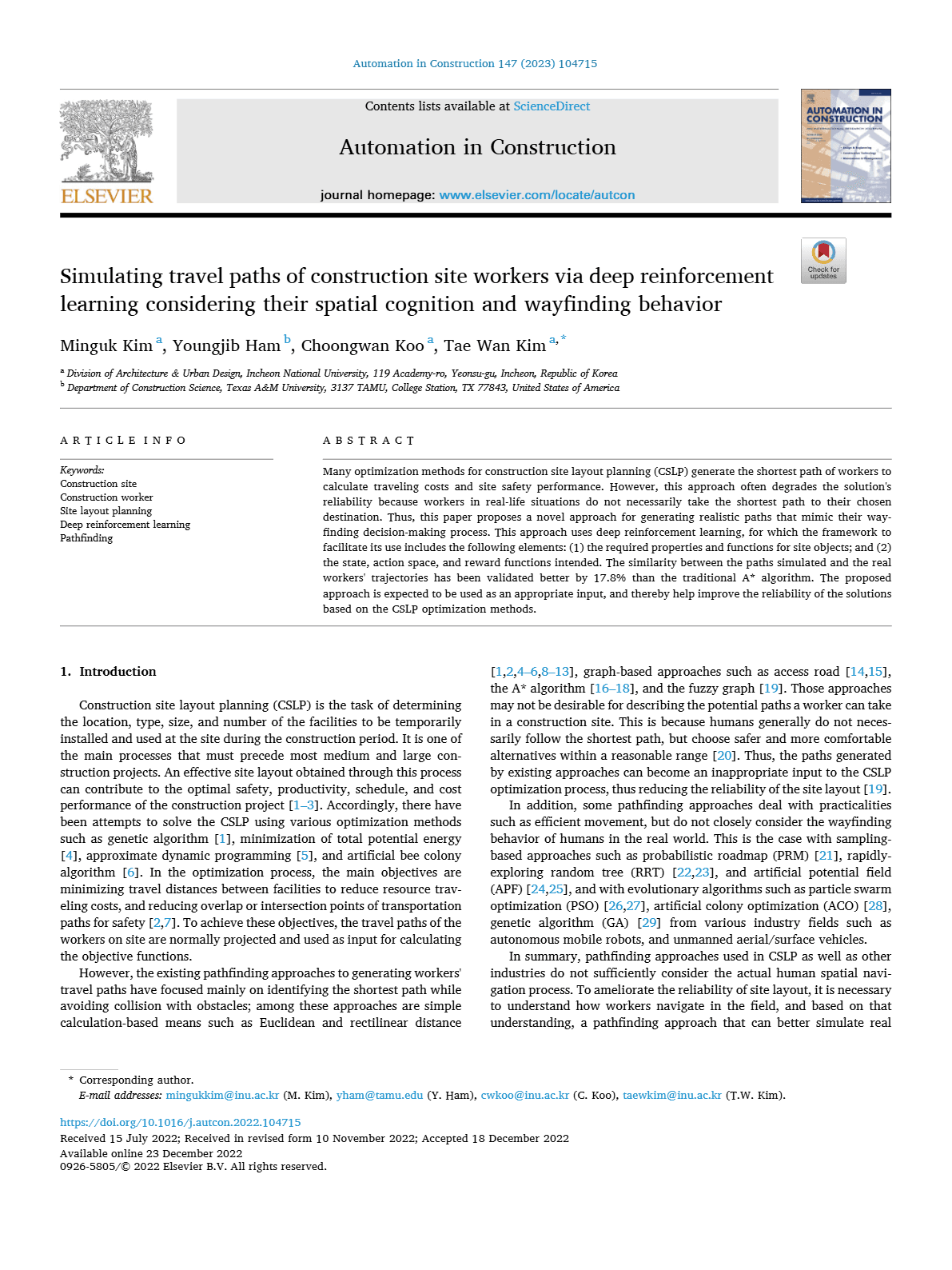 Simulating travel paths of construction site workers via deep reinforcement learning considering their spatial cognition and wayfinding behavior
