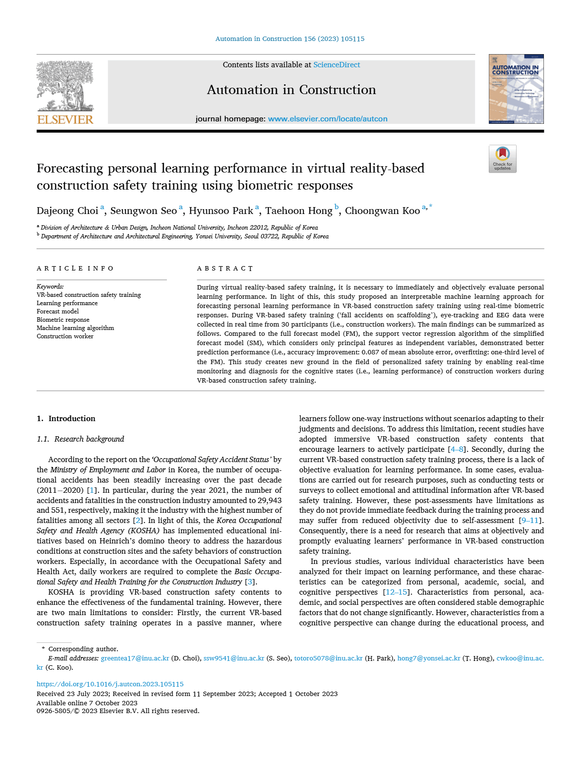 Forecasting personal learning performance in virtual reality-based construction safety training using biometric responses