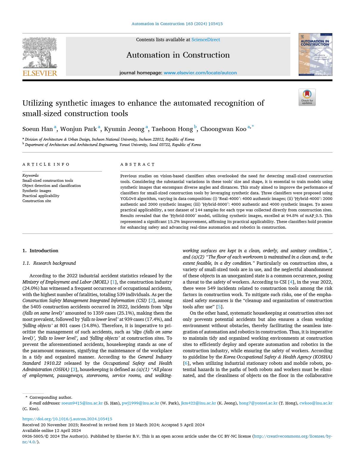 Utilizing synthetic images to enhance the automated recognition of small-sized construction tools