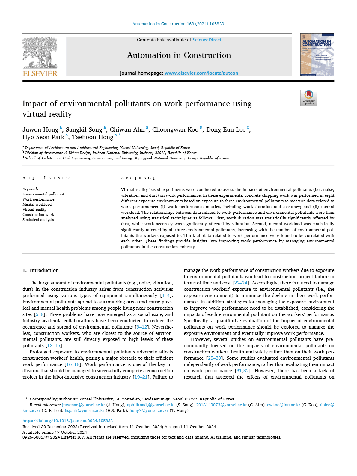 Impact of environmental pollutants on work performance using virtual reality