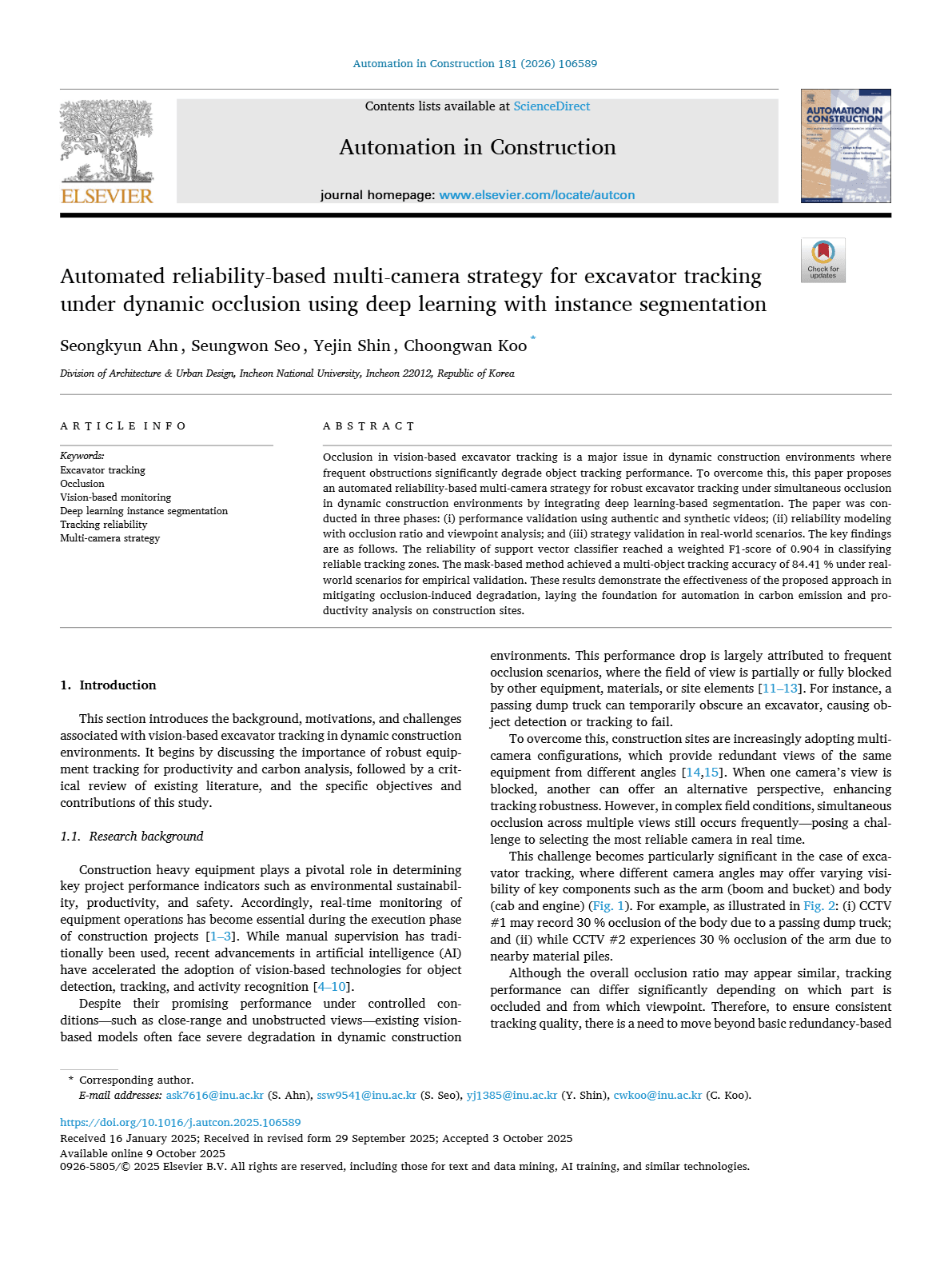 Automated reliability-based multi-camera strategy for excavator tracking under dynamic occlusion using deep learning with instance segmentation