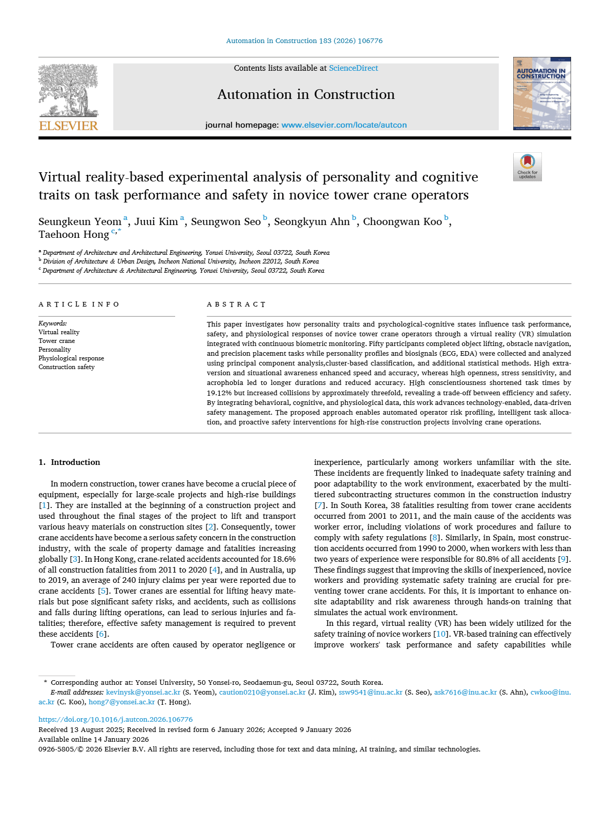 Virtual reality-based experimental analysis of personality and cognitive traits on task performance and safety in novice tower crane operators