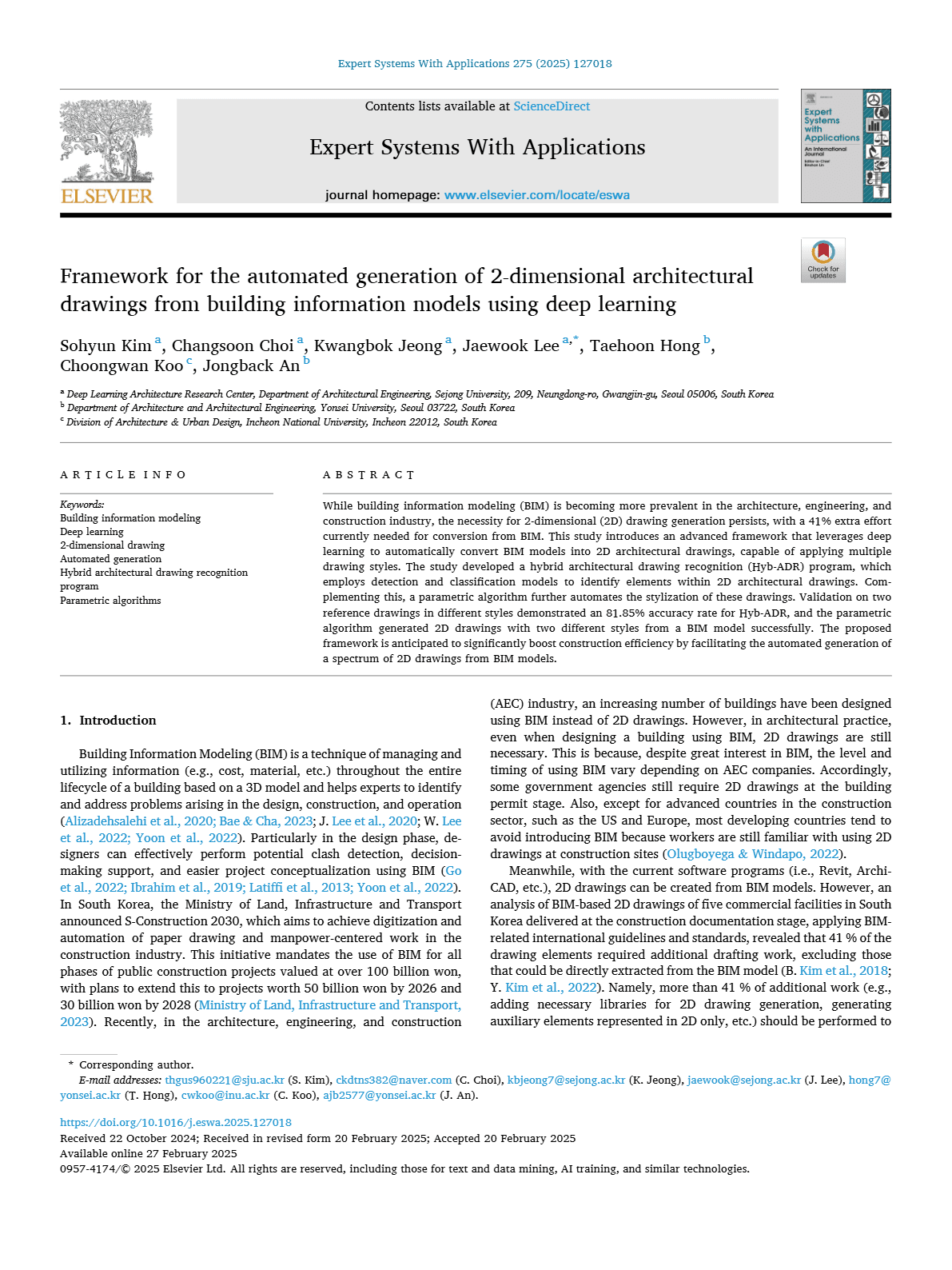 Framework for the automated generation of 2-dimensional architectural drawings from building information models using deep learning