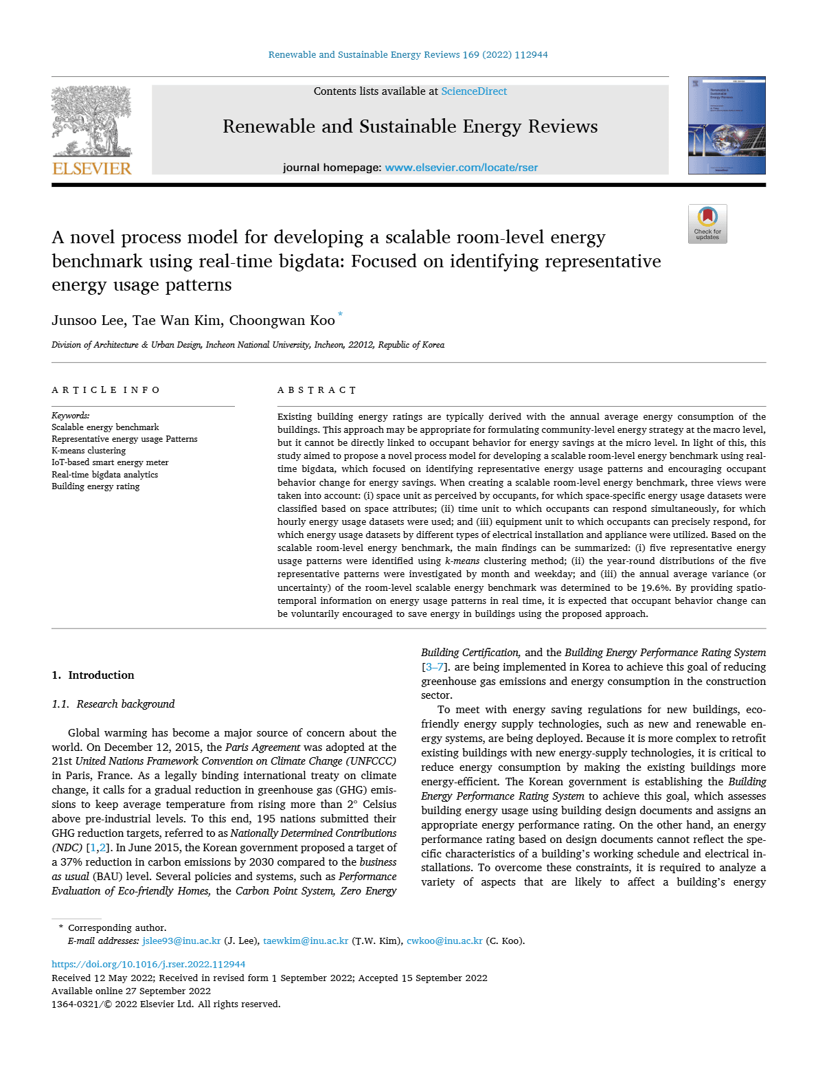 A novel process model for developing a scalable room-level energy benchmark using real-time bigdata: Focused on identifying representative energy usage patterns