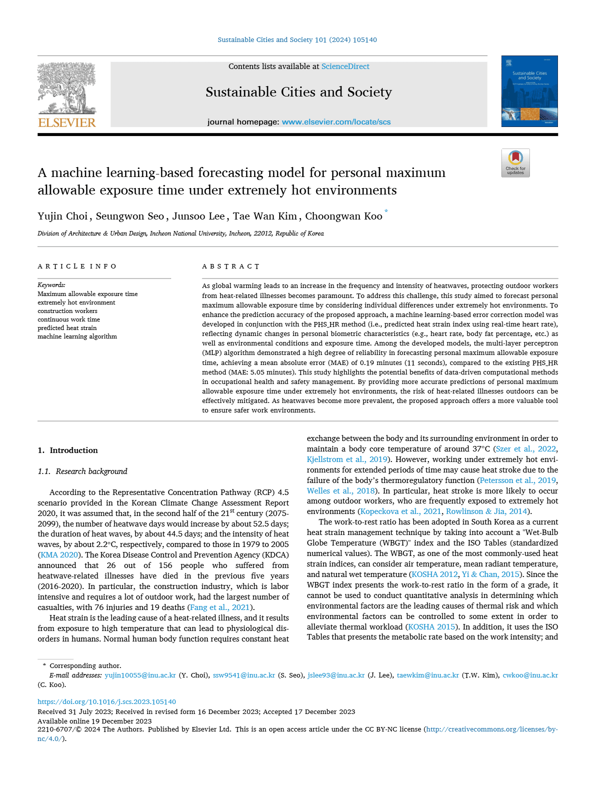 A machine learning-based forecasting model for personal maximum allowable exposure time under extremely hot environments