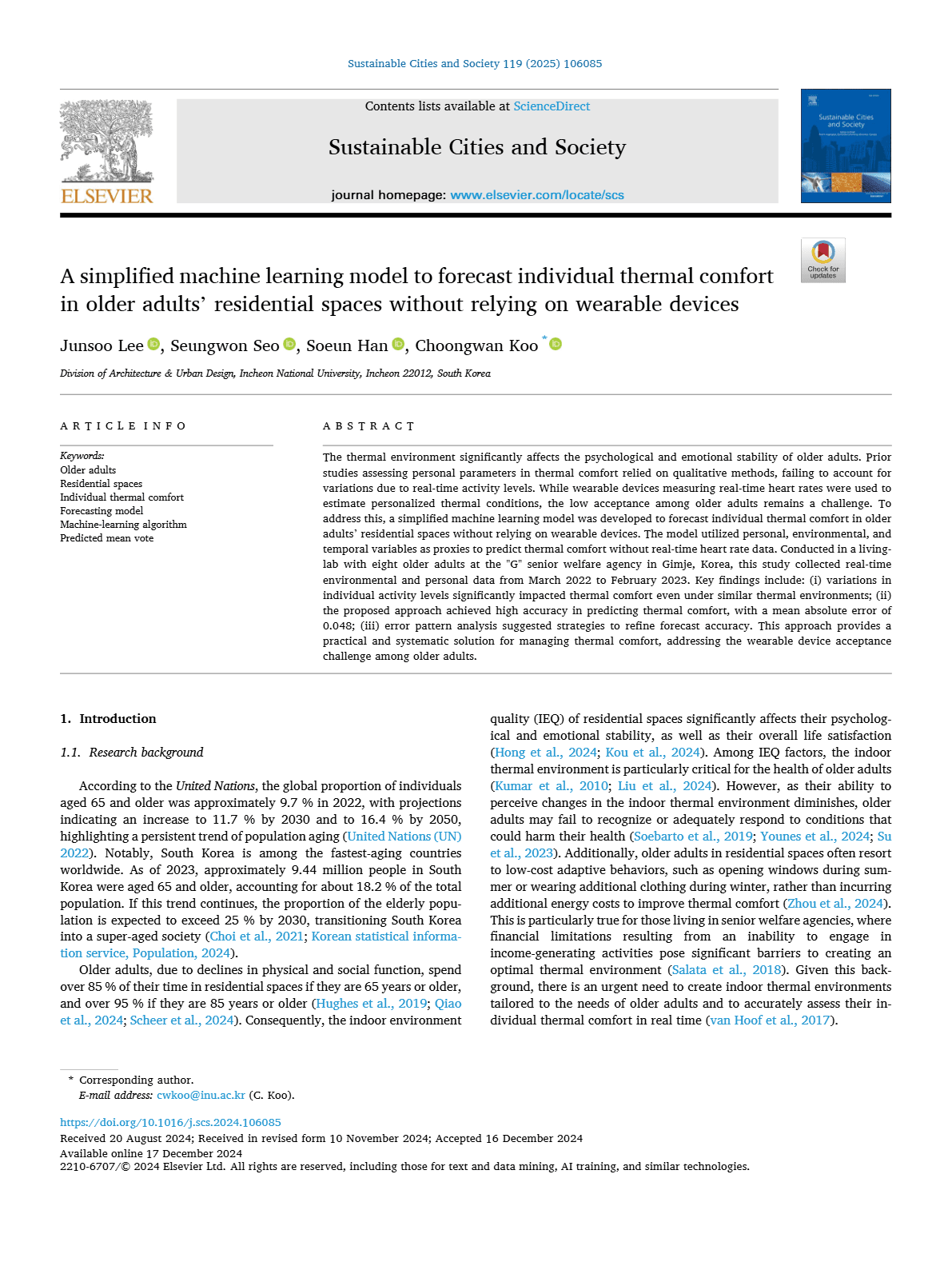 A simplified machine learning model to forecast individual thermal comfort in older adults’ residential spaces without relying on wearable devices