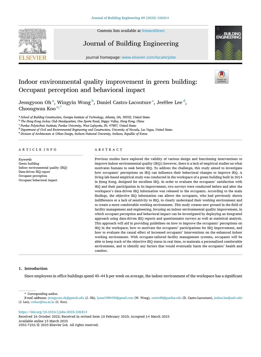 Indoor environmental quality improvement in green building: Occupant perception and behavioral impact