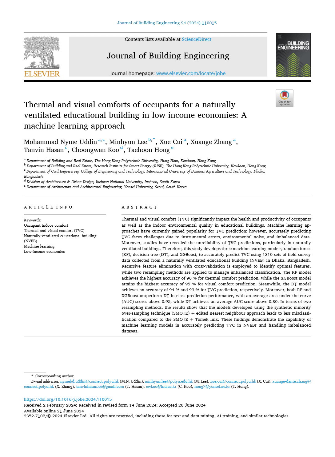 Thermal and visual comforts of occupants for a naturally ventilated educational building in low-income economies: A machine learning approach