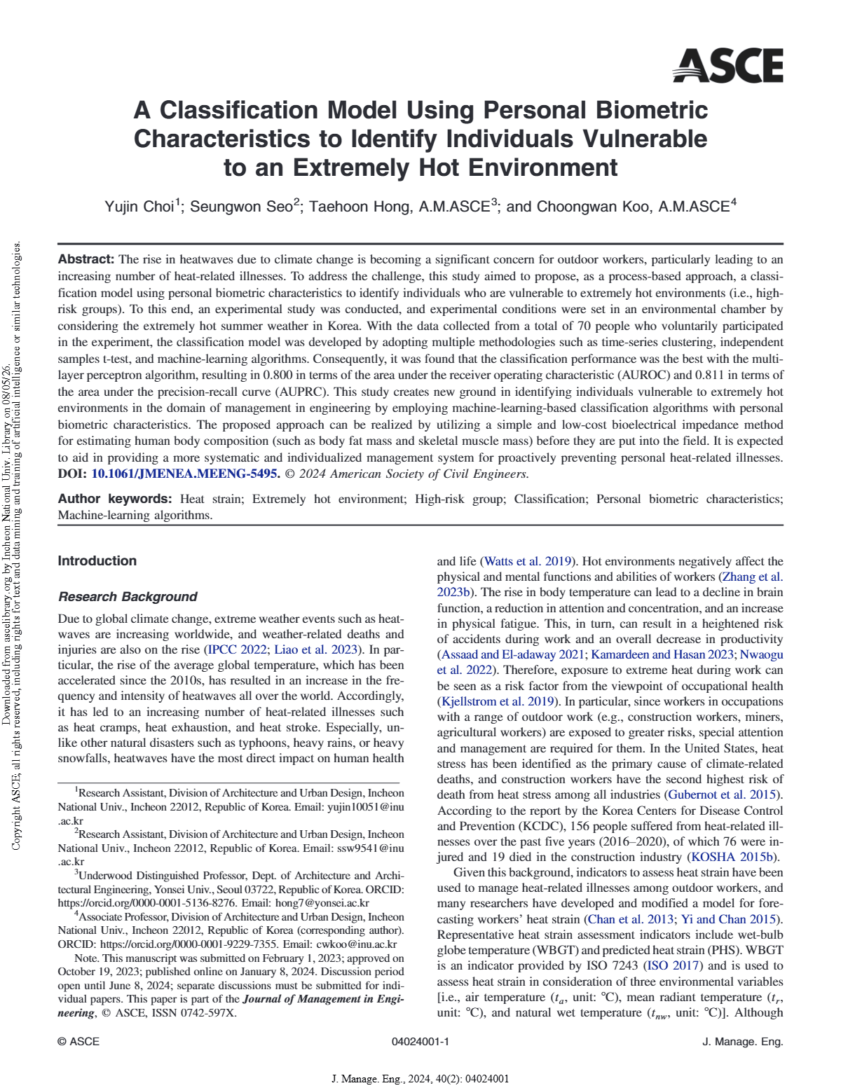 A classification model using personal biometric characteristics to identify individuals vulnerable to an extremely hot environment