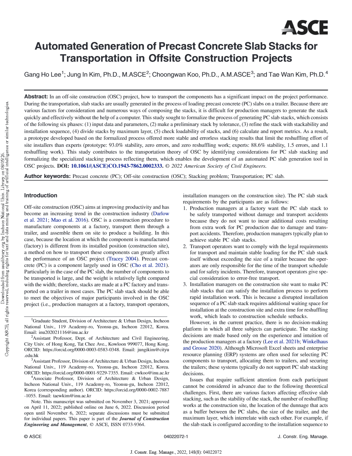 Automated generation of precast concrete slab stacks for transportation in offsite construction projects