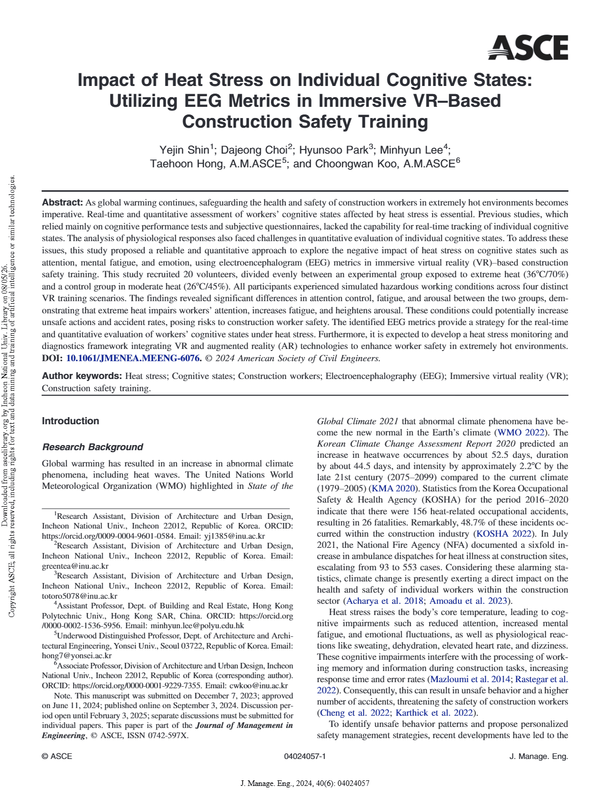Impact of heat stress on individual cognitive states: Utilizing EEG metrics in immersive VR-based construction safety training