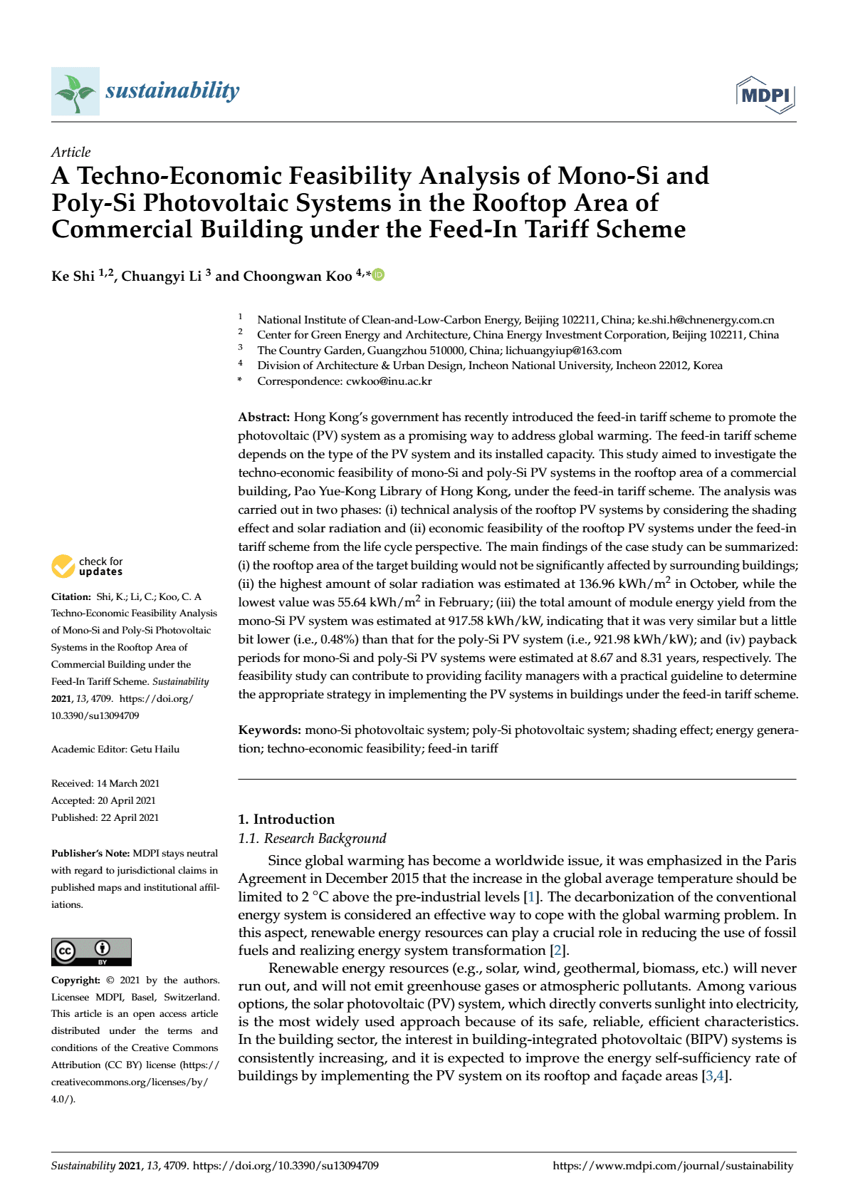 A techno-economic feasibility analysis of mono-Si and poly-Si photovoltaic systems in the rooftop area of commercial building under the feed-in tariff scheme