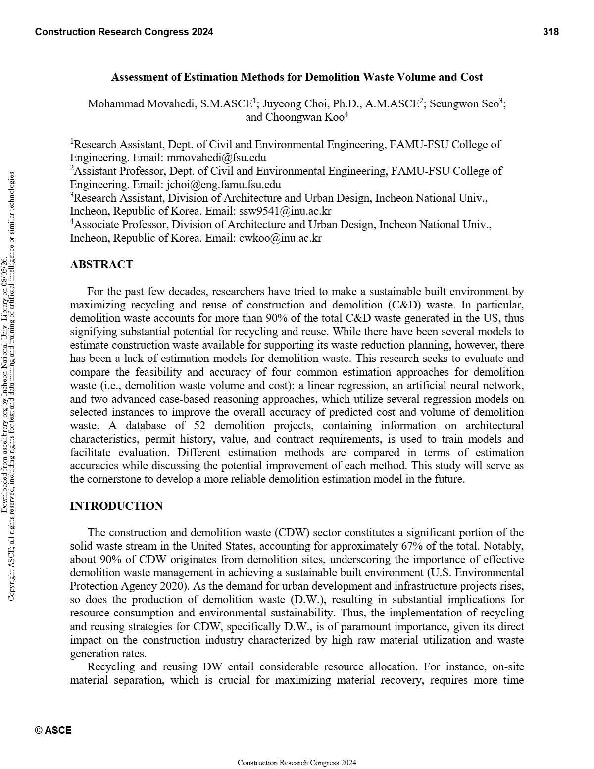 Assessment of estimation methods for demolition waste volume and cost