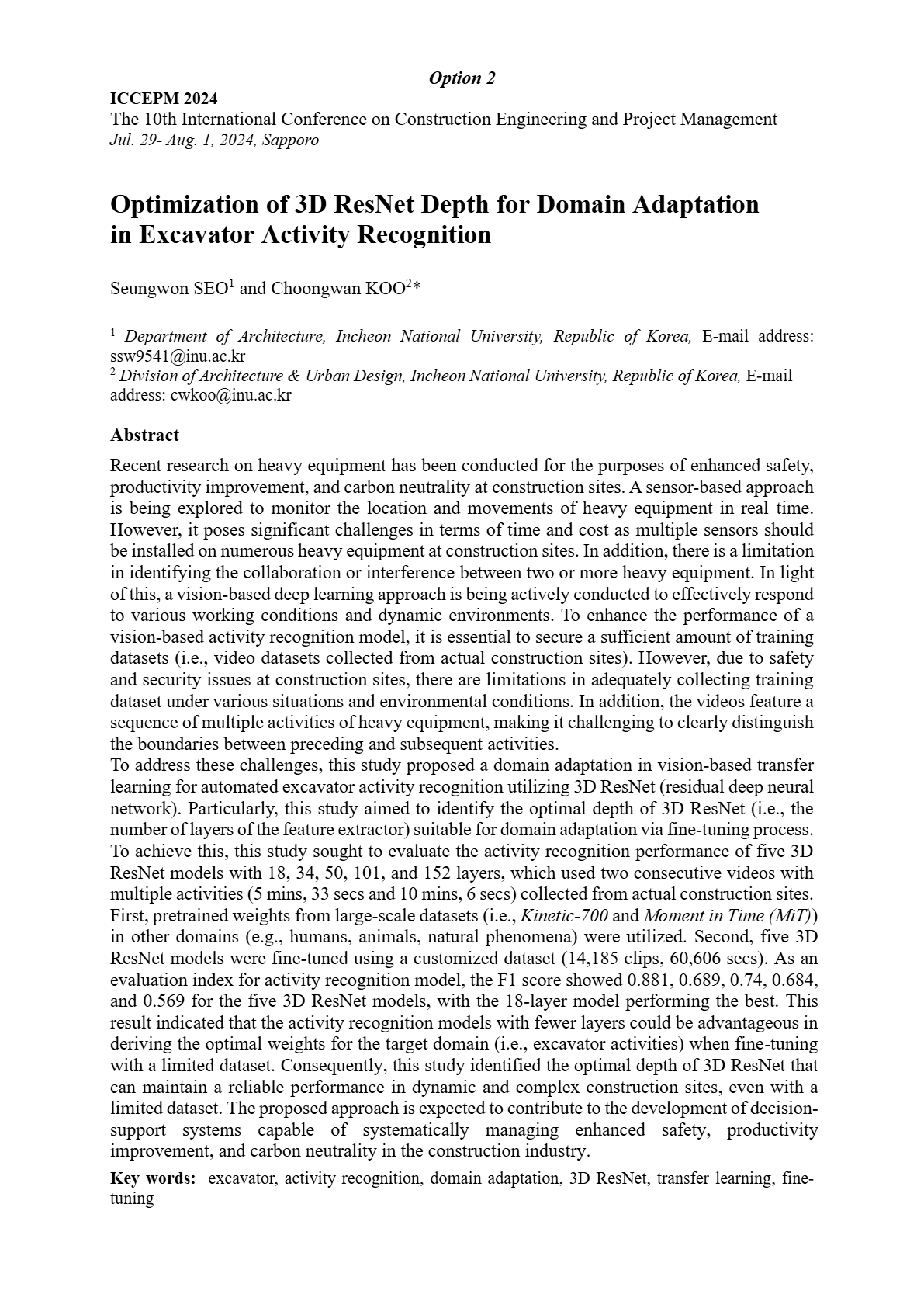Optimization of 3D ResNet Depth for Domain Adaptation in Excavator Activity Recognition