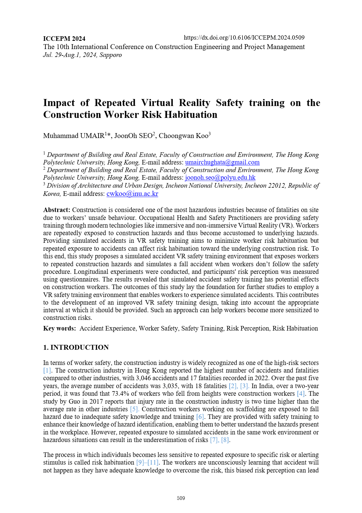 Impact of repeated virtual reality safety training on the construction worker risk habituation