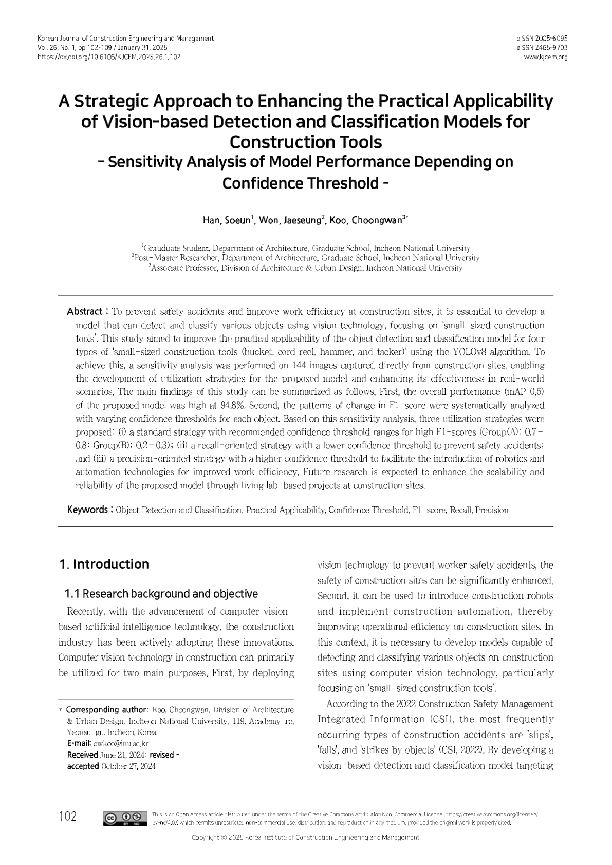 A strategic approach to enhancing the practical applicability of vision-based detection and classification models for construction tools - Sensitivity analysis of model performance depending on confidence threshold