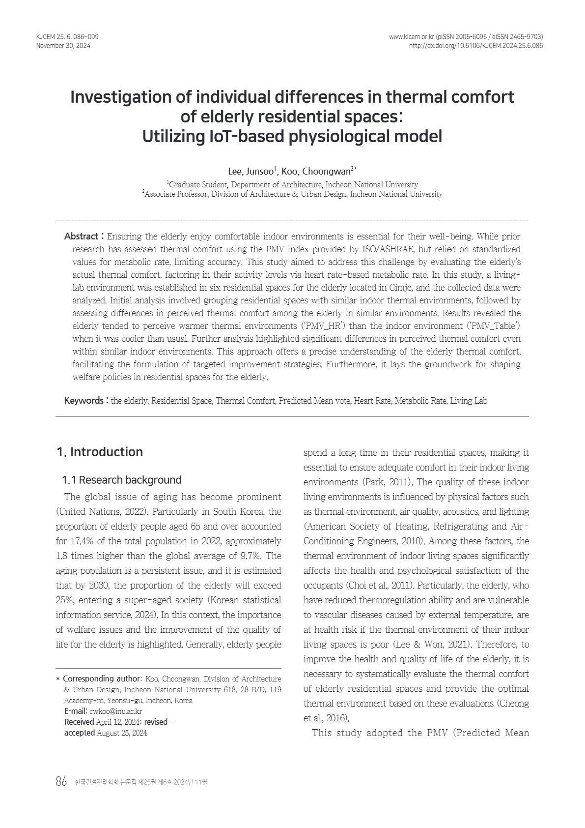 Investigation of individual differences in thermal comfort of elderly residential spaces: Utilizing IoT-based physiological model
